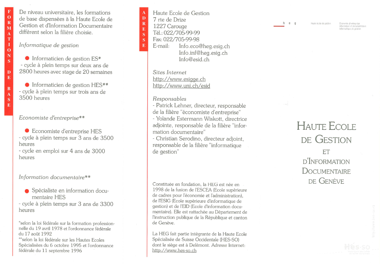 Flyer de la nouvelle HEG, 1999
