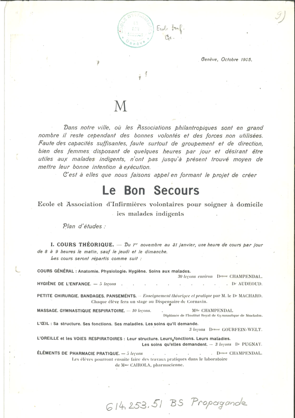 Document décrivant le programme du Bon Secours en 1905