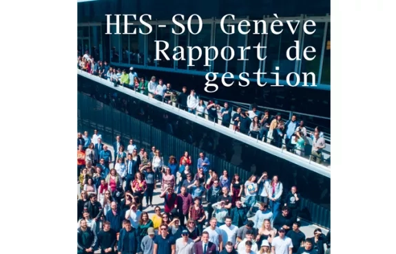 Couverture du RG 2024, des étudiantes et étudiants devant le bâtiment B de la HEG