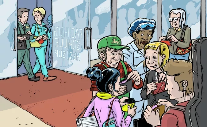 Illustration représentant des étudiants devant un bâtiment