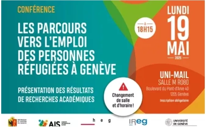 Affche pour la conférence autour des parcours vers l'emploi des personnes réfugiées à Genève