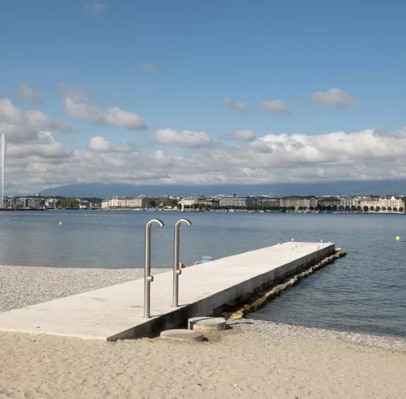 the new artificial beach of Les Eaux Vives in a beautiful summer day Geneva, Switzerland