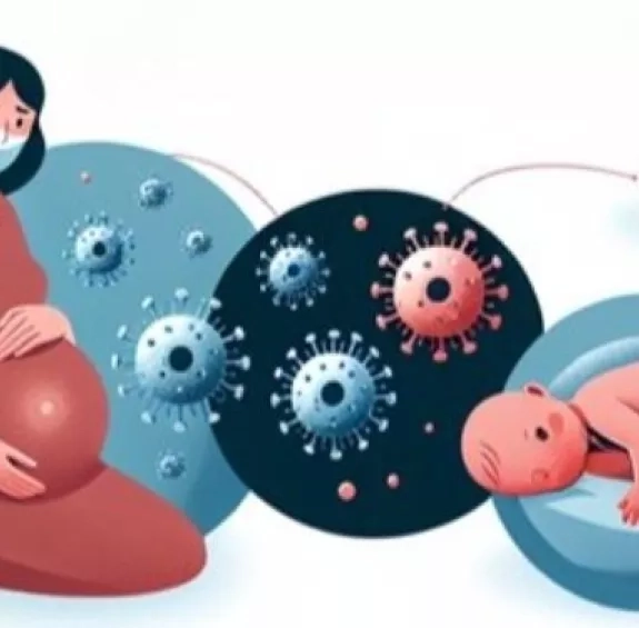 Webinaire périnatalité 2025 : une femme enceinte portant un masque avec des virus autour d'elle