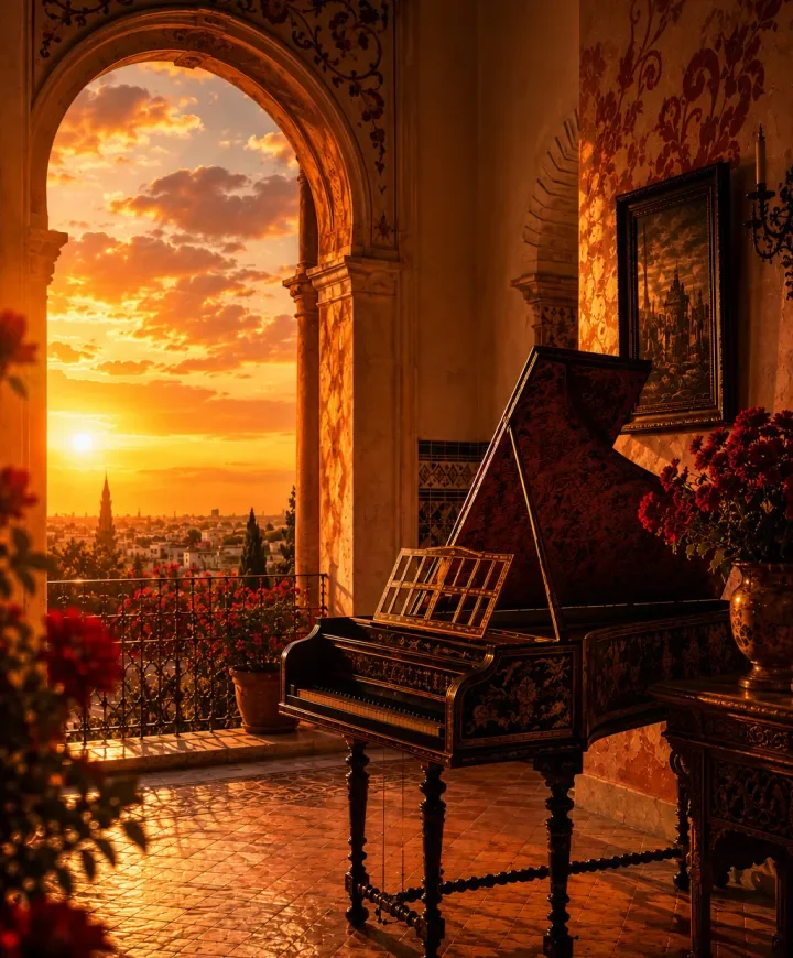 Clavecin dans une pièce baignée de la lumière du coucher de soleil