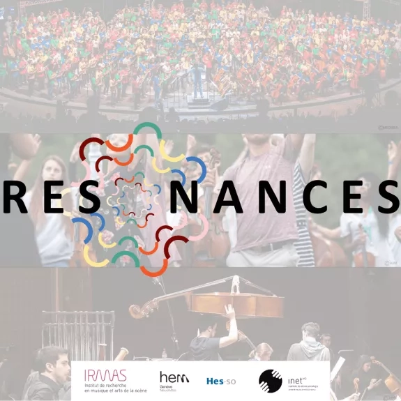 Mot "résonnances" entouré de motifs colorés et ondulés