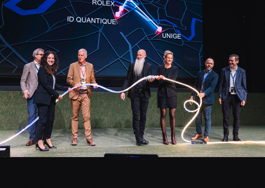 Les représentant-es des organisations partenaires (HEPIA, CERN, ID Quantique, ROLEX, Canton de Genève) ont lancé le Geneva Quantum Network à l'occasion du Quantum Industry Day. 
