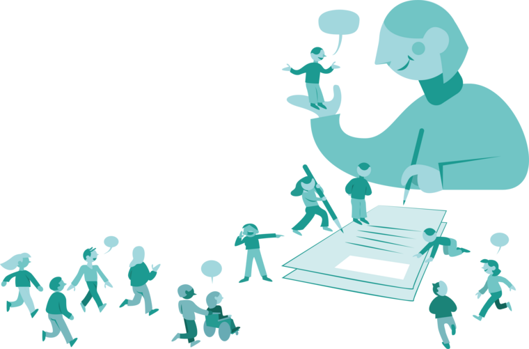 Dessin en nuances de vert d'un personnage en grand un crayon dans une main et un petit personnage dans l'autre. Son regard est tourné vers le personnage dans sa main pour l'écouter. Il y une dizaine de petits personnages qui se dirigent vers le grand personnage et parlent ou lisent/écrivent un document.