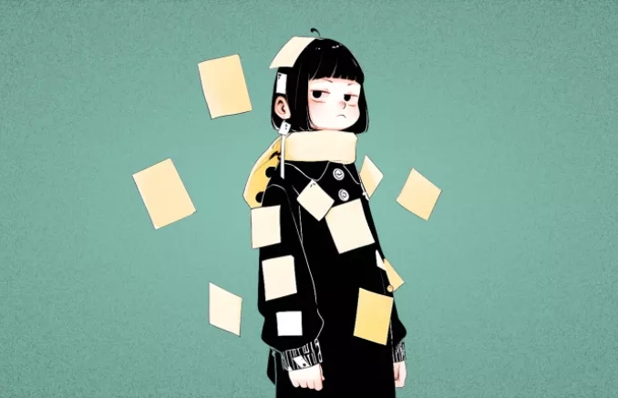 Dessin d'une fille habillée en noir avec plusieurs post-its volant autour d'elle