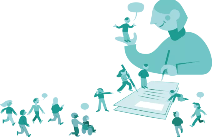 Dessin en nuances de vert d'un personnage en grand un crayon dans une main et un petit personnage dans l'autre. Son regard est tourné vers le personnage dans sa main pour l'écouter. Il y une dizaine de petits personnages qui se dirigent vers le grand personnage et parlent ou lisent/écrivent un document.