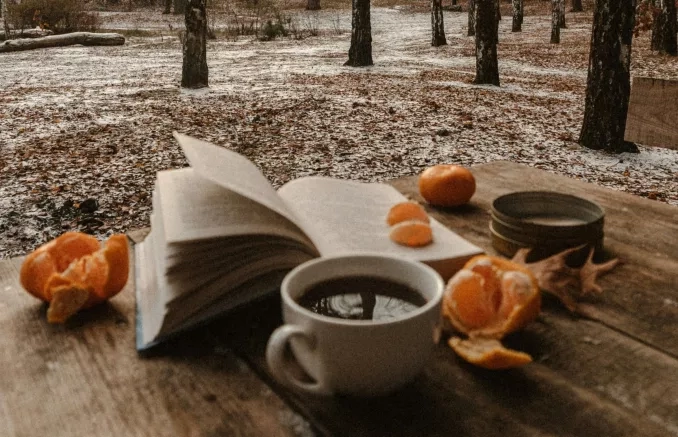 Photo avec en premier plan une tasse de café blanche posée sur une table en bois devant un livre ouvert, une petite boîte en métal et plusieurs mandarines à moitié épluchées. Deux quartiers de mandarine ont été posés sur une des pages du livre (à ne pas reproduire avec livres de la bibliothèque!). En arrière plan un sol en terre légèrement recouvert de neige et le pied de quelques arbres.