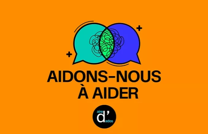 Logo du podcast "aidons-nous à aider" avec deux bulles de parole qui se chevauchent comme un diagramme de venne, le nom du podcast et le logo de "aire d'ados"